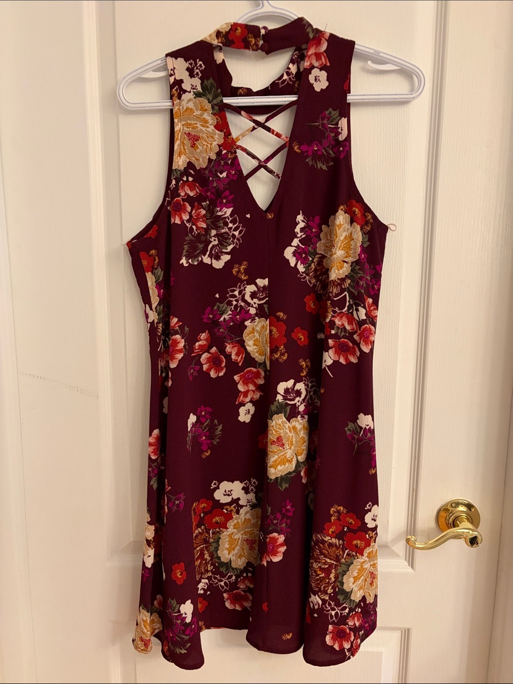 Blue Rain Burgundy Floral Mini Dress with Crisscross Neck